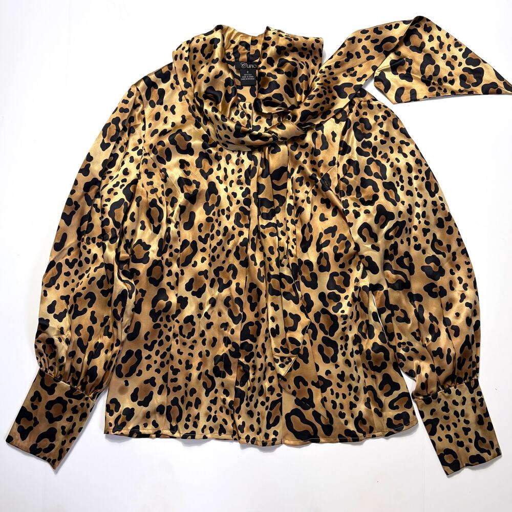 Cupio 100% Silk Satin Leopard Print Scarf Neck Blouse Shirt Size 8